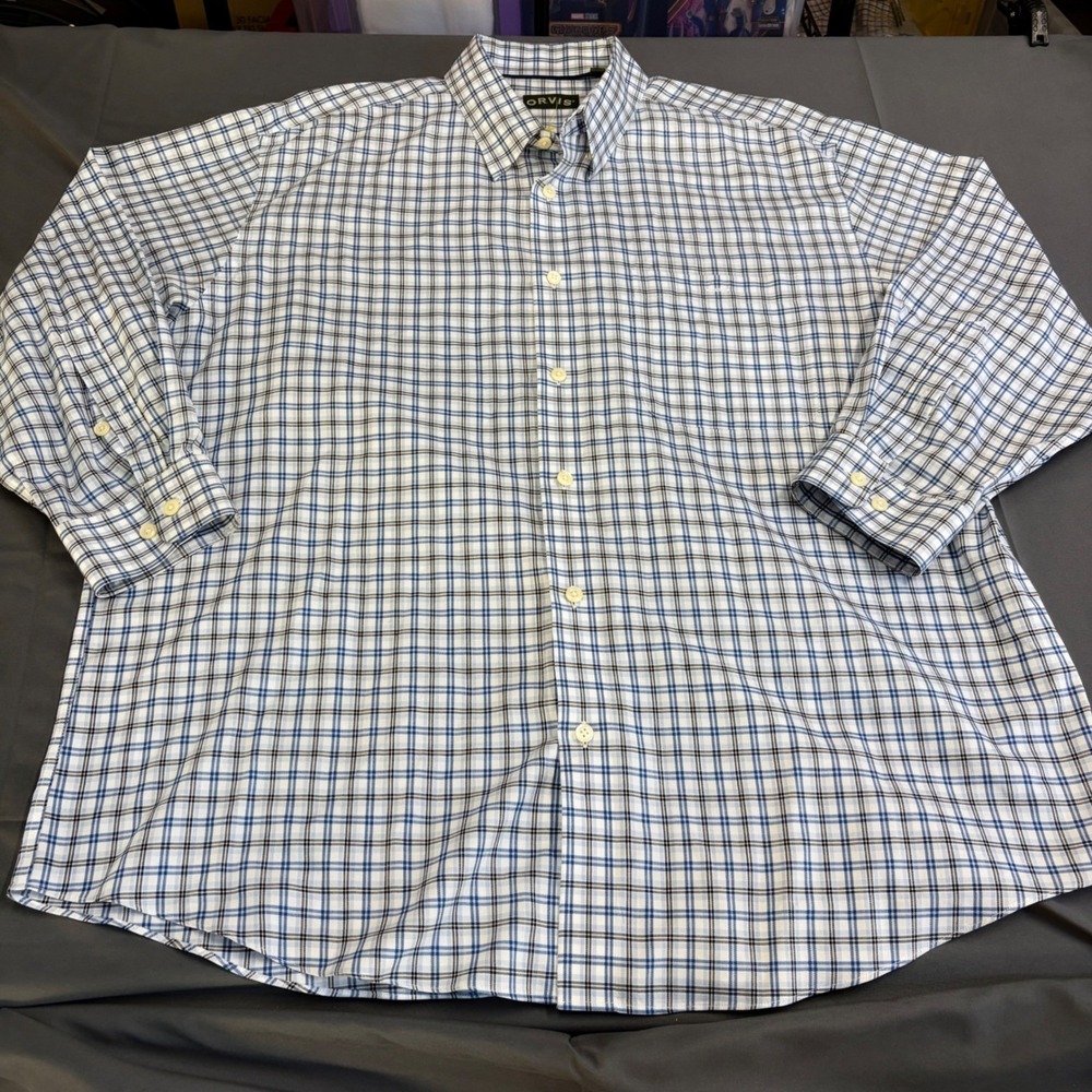 Orvis Mens XXL Blue Plaid Long Sleeve Button Down 100% Cotton Shirt